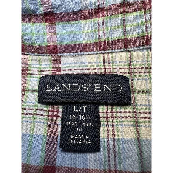 Lands' End 16-16 1/2 Men's Blue Red Grn Plaid Long Sleeve Button Down Shirt L/T - Picture 7 of 8